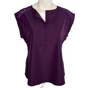 Womens Van Heusen‎ Purple Grape Dolman Sleeve Lace Back Mixed Media Top sz Small